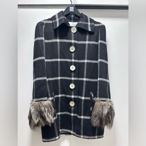 Chic Black and Gray Plaid Cape with Fur Cuffs